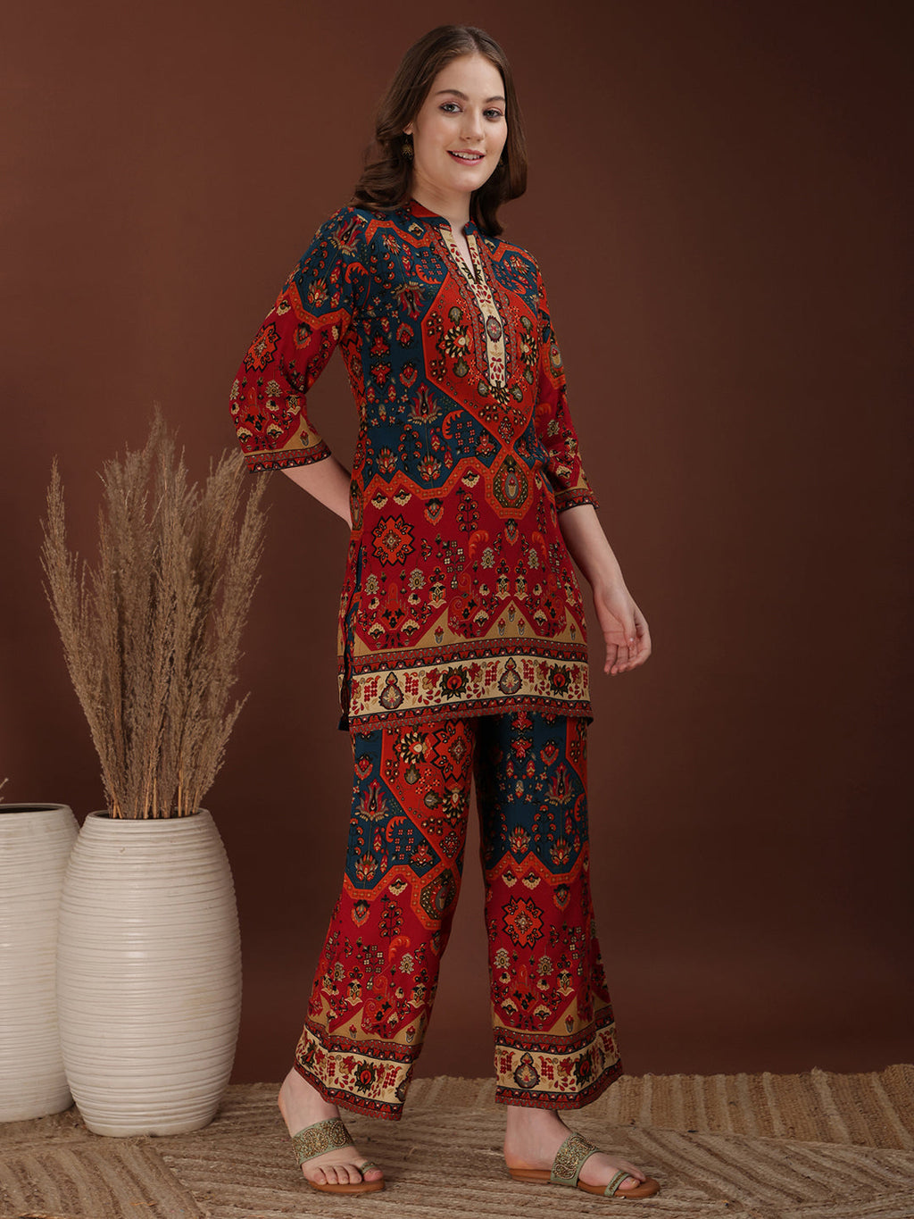 Floral & Geometrical Printed Co-Ords, Red - Hiral Fashion | Grocsy