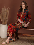 Floral & Geometrical Printed Co-Ords, Red - Hiral Fashion | Grocsy