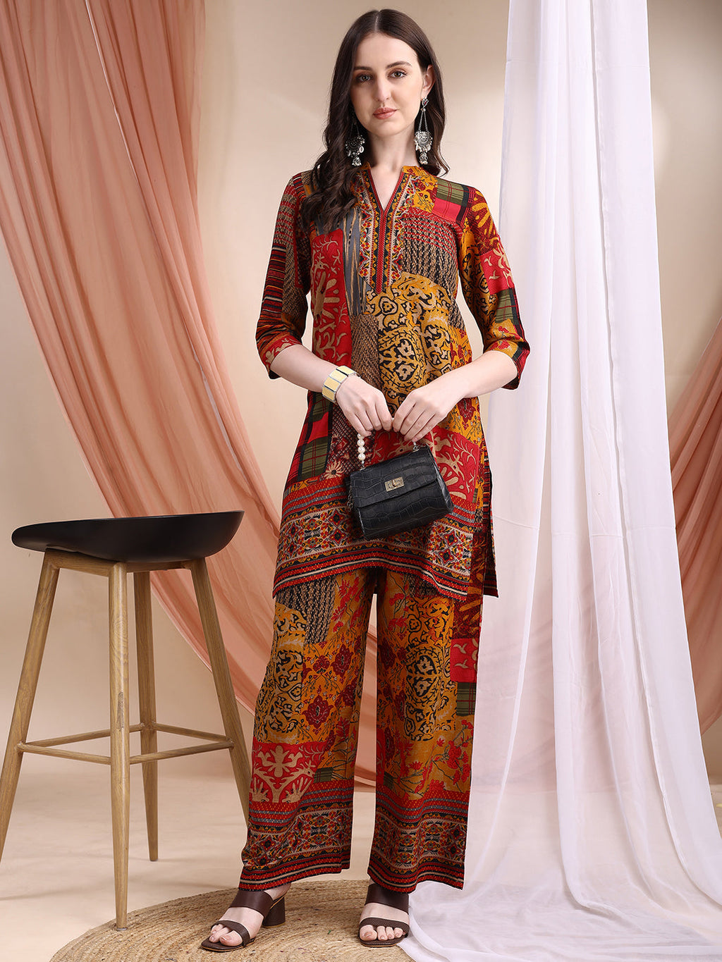 Intricate Floral And Paisley Motifs Co-Ords, Red - Hiral Fashion | Grocsy