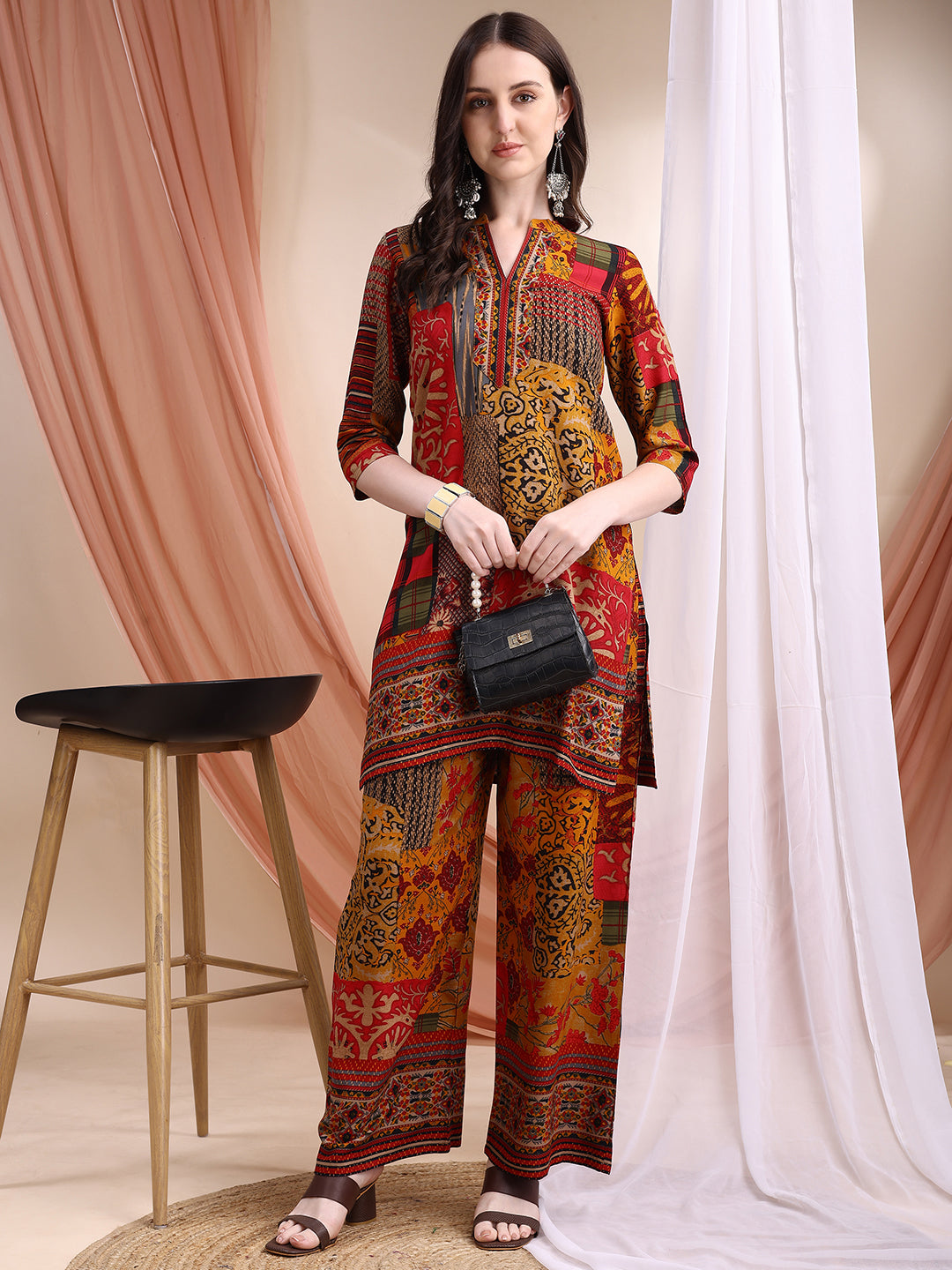 Intricate Floral And Paisley Motifs Co-Ords, Red - Hiral Fashion | Grocsy