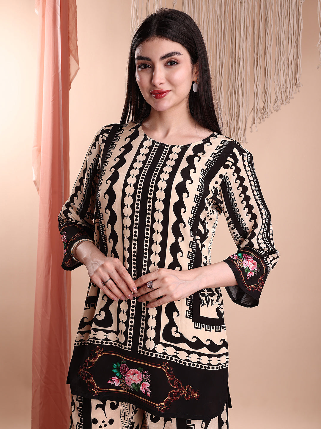 Floral & Geometric Printed Co-Ords, Black - Hiral Fashion | Grocsy