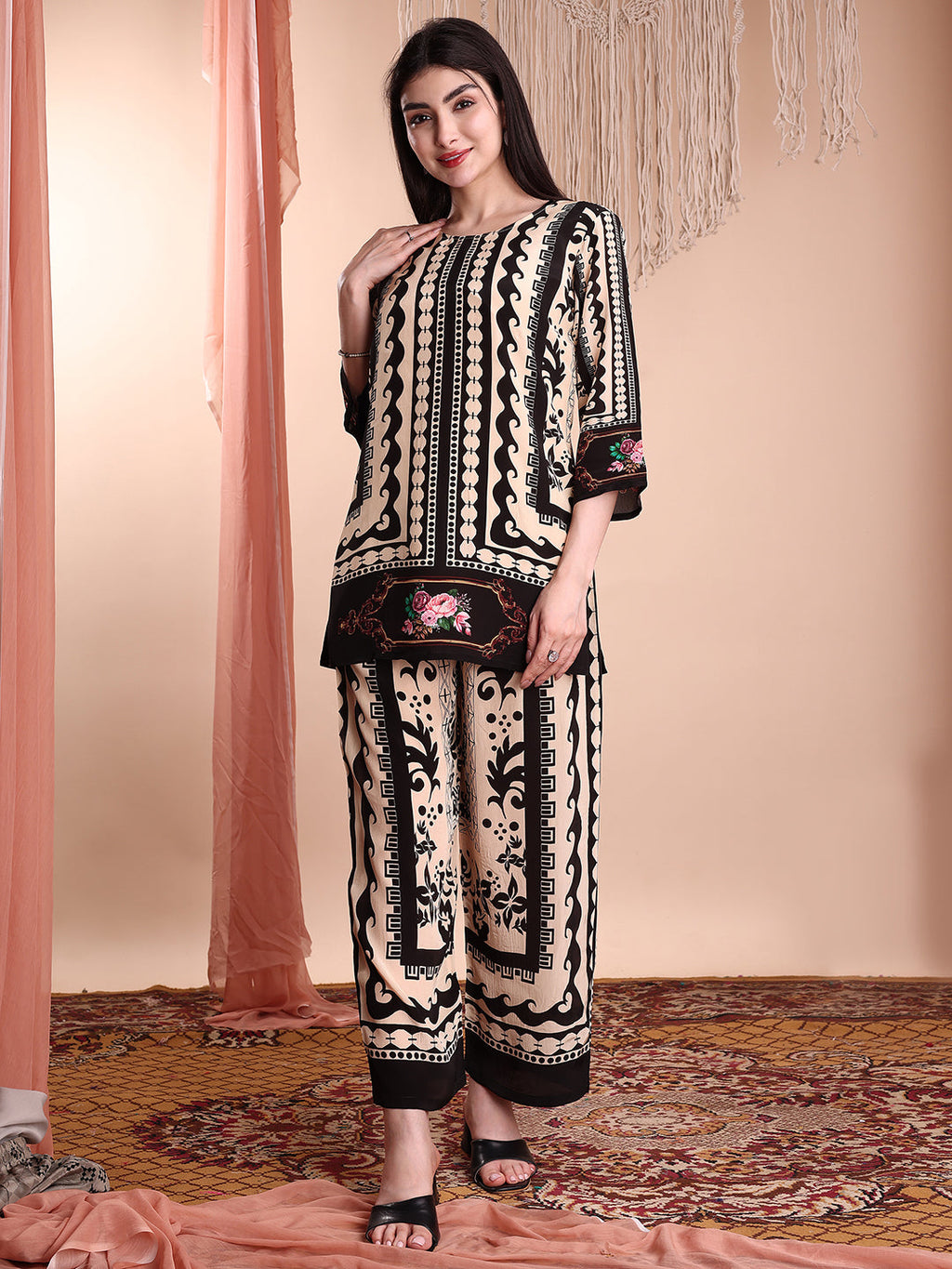 Floral & Geometric Printed Co-Ords, Black - Hiral Fashion | Grocsy