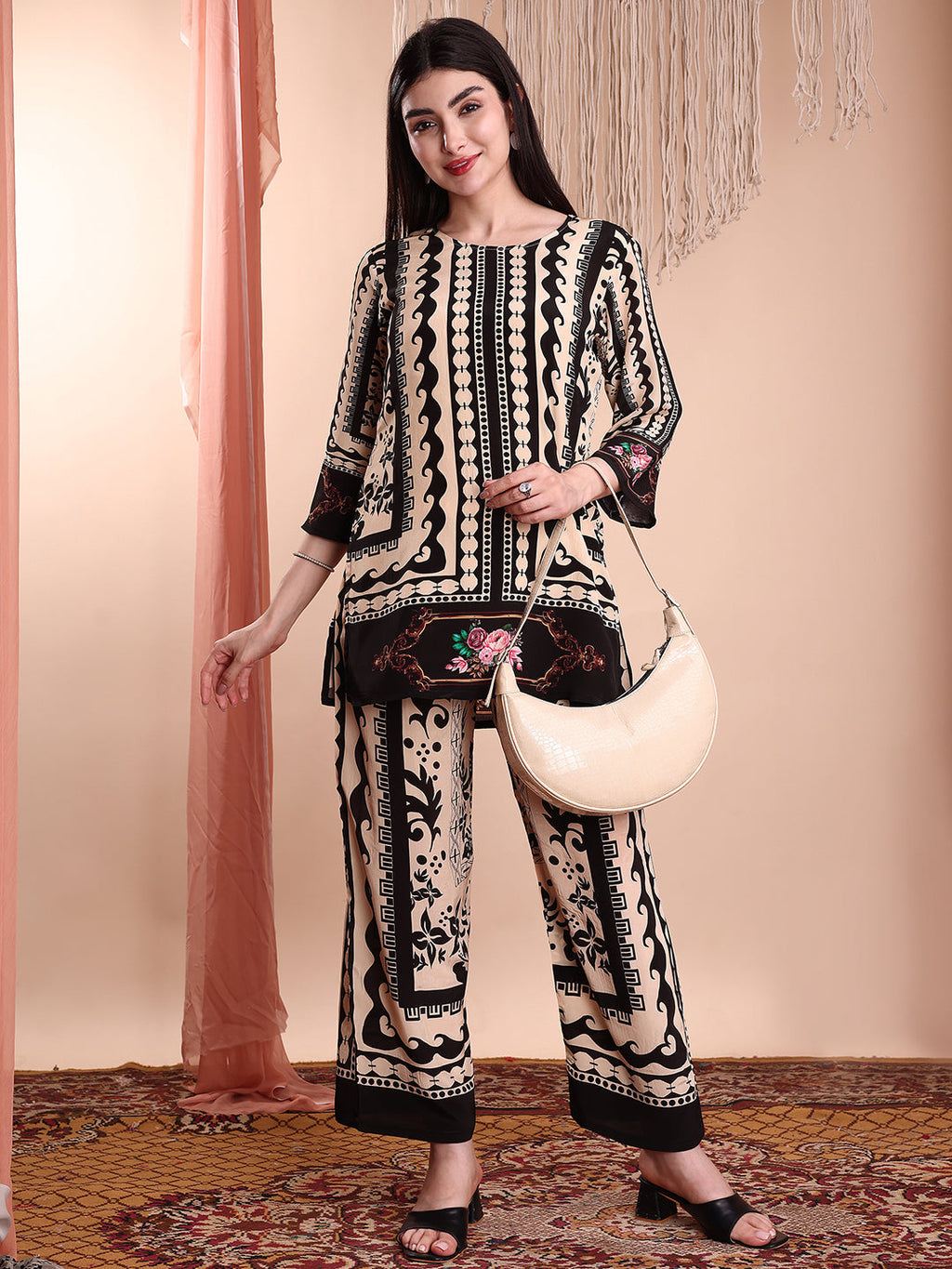 Floral & Geometric Printed Co-Ords, Black - Hiral Fashion | Grocsy