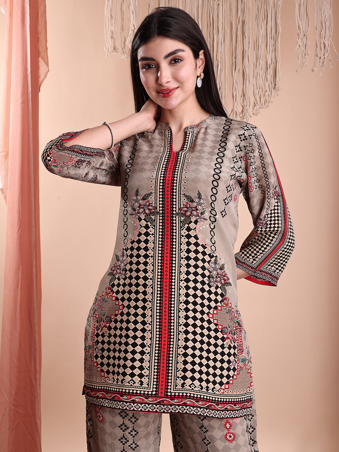 Floral & Geometric Printed Co-Ords, Brown - Hiral Fashion | Grocsy