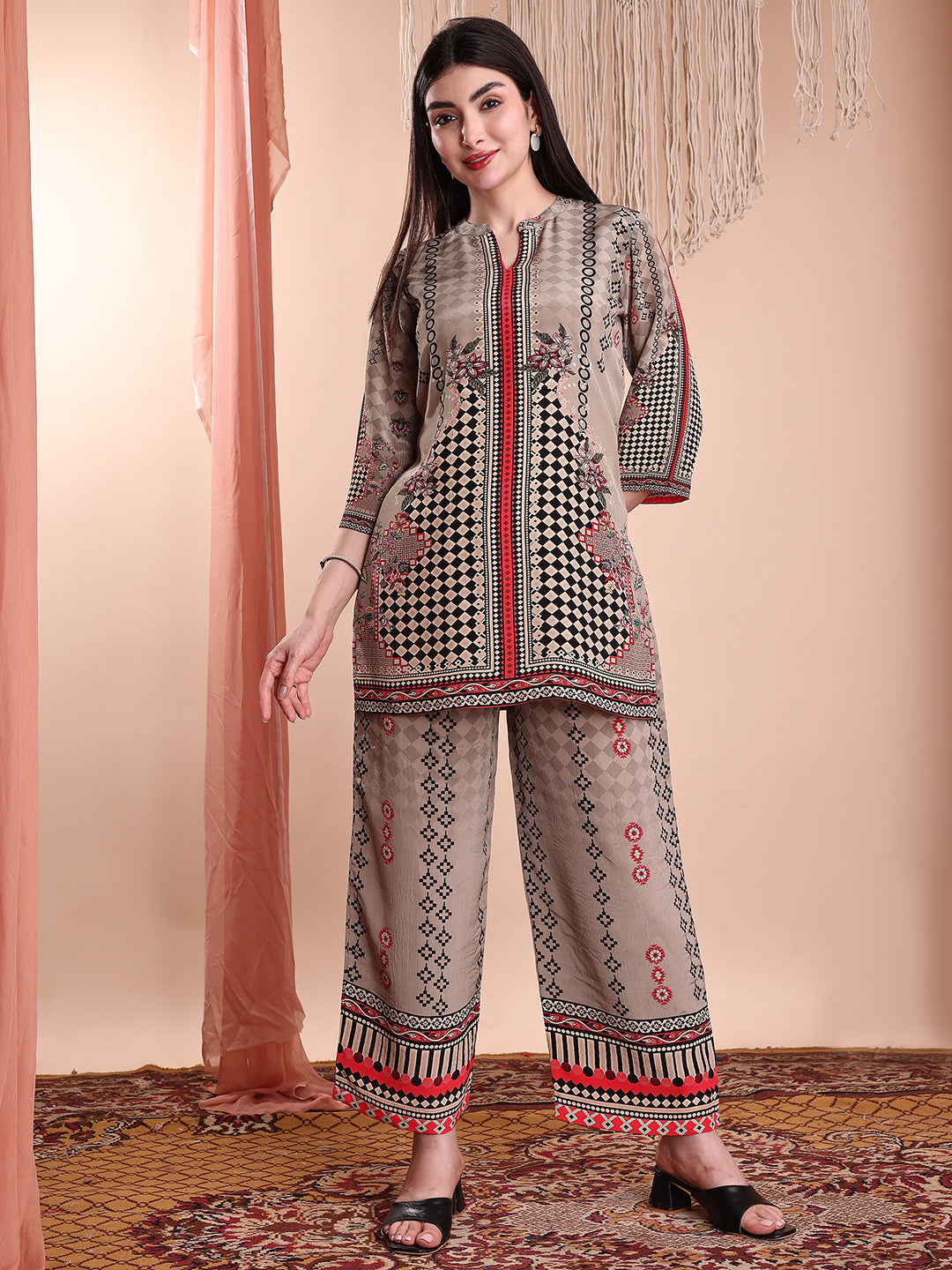 Floral & Geometric Printed Co-Ords, Brown - Hiral Fashion | Grocsy