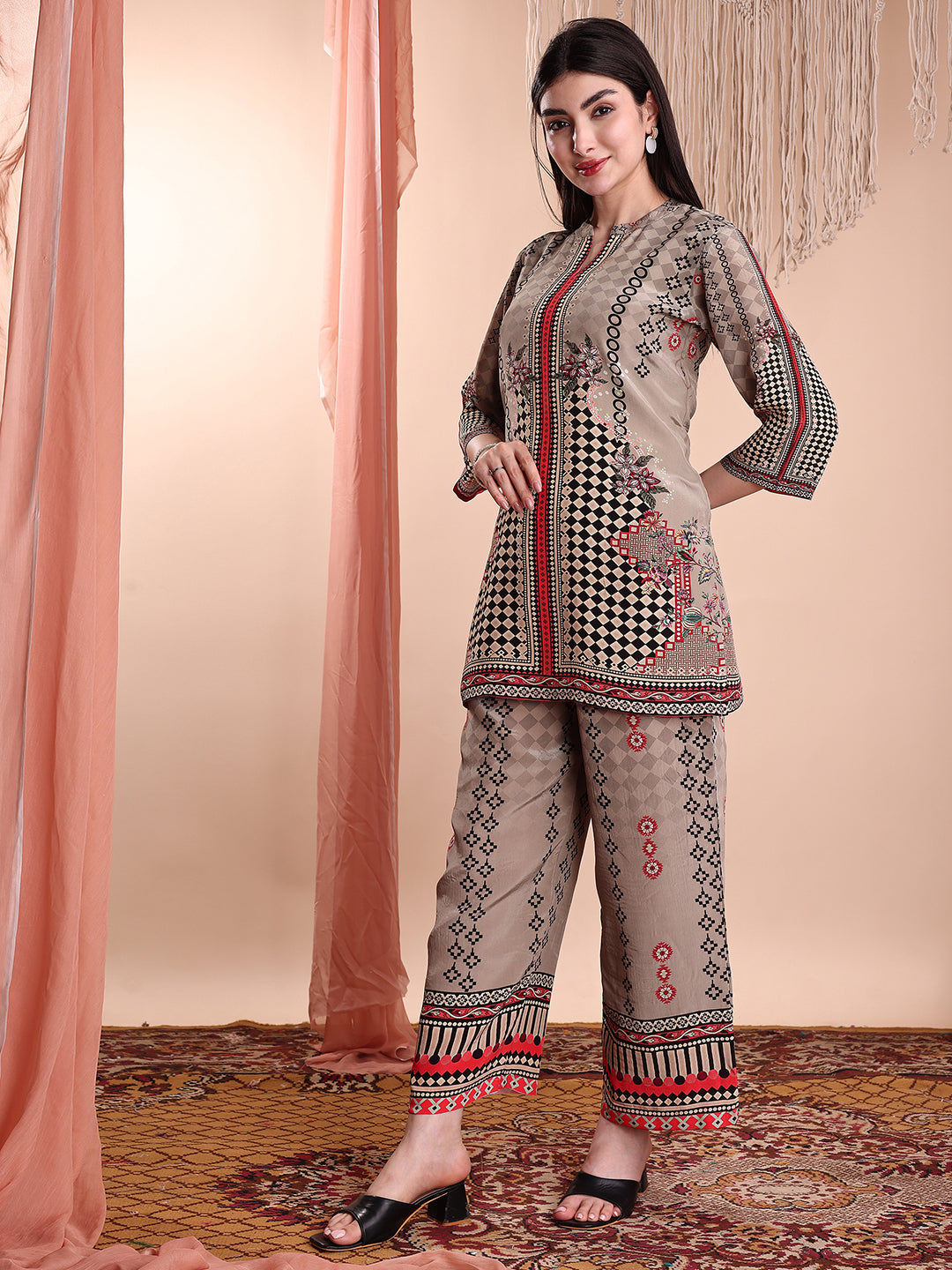 Floral & Geometric Printed Co-Ords, Brown - Hiral Fashion | Grocsy
