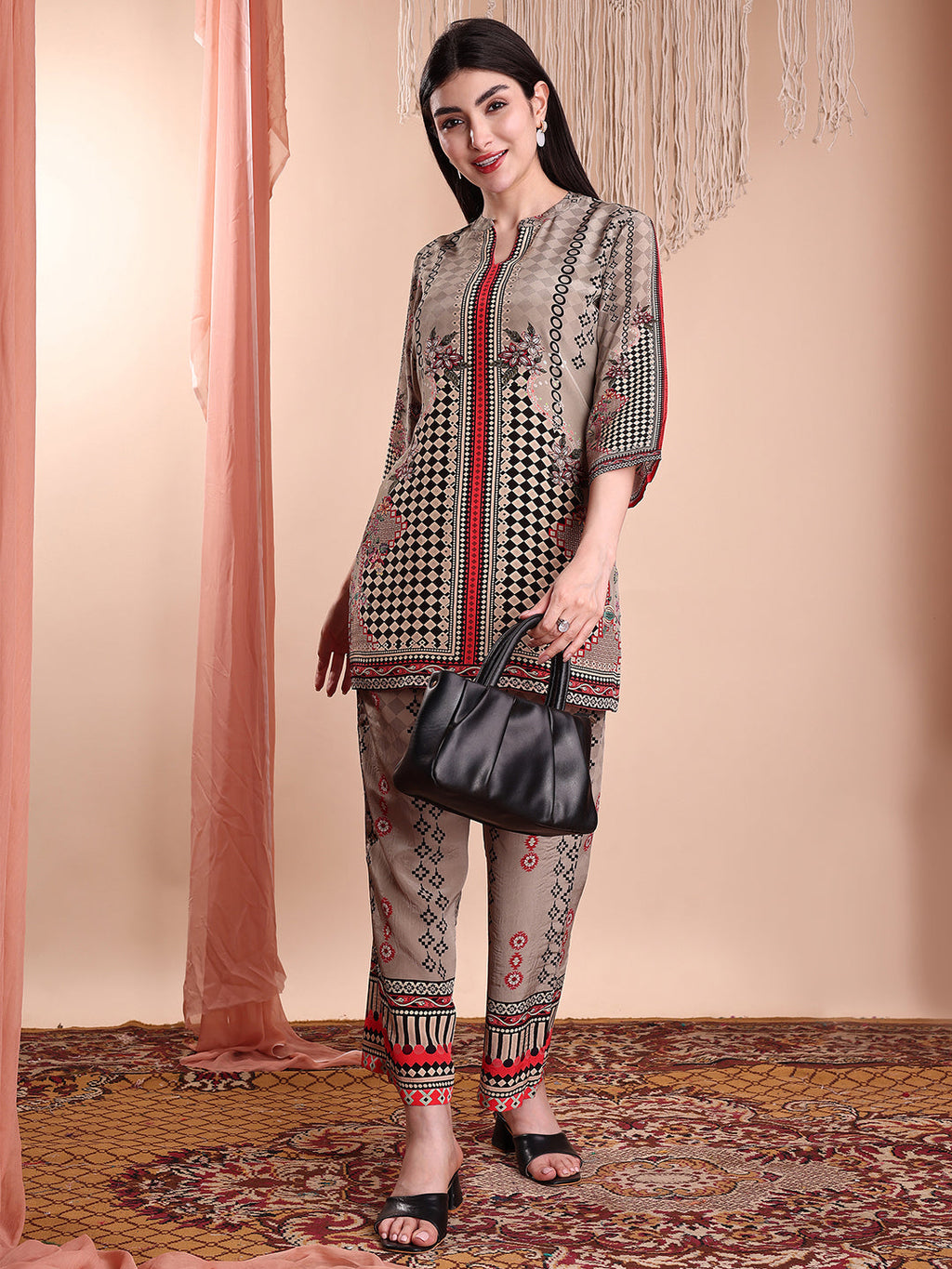 Floral & Geometric Printed Co-Ords, Brown - Hiral Fashion | Grocsy