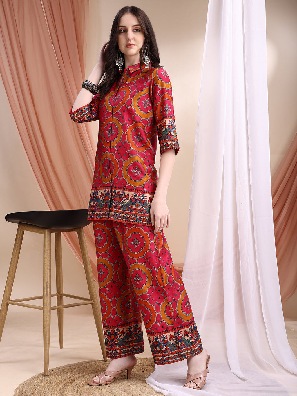 Vibrant Ethnic Co-Ord Set, Pink - Hiral Fashion | Grocsy