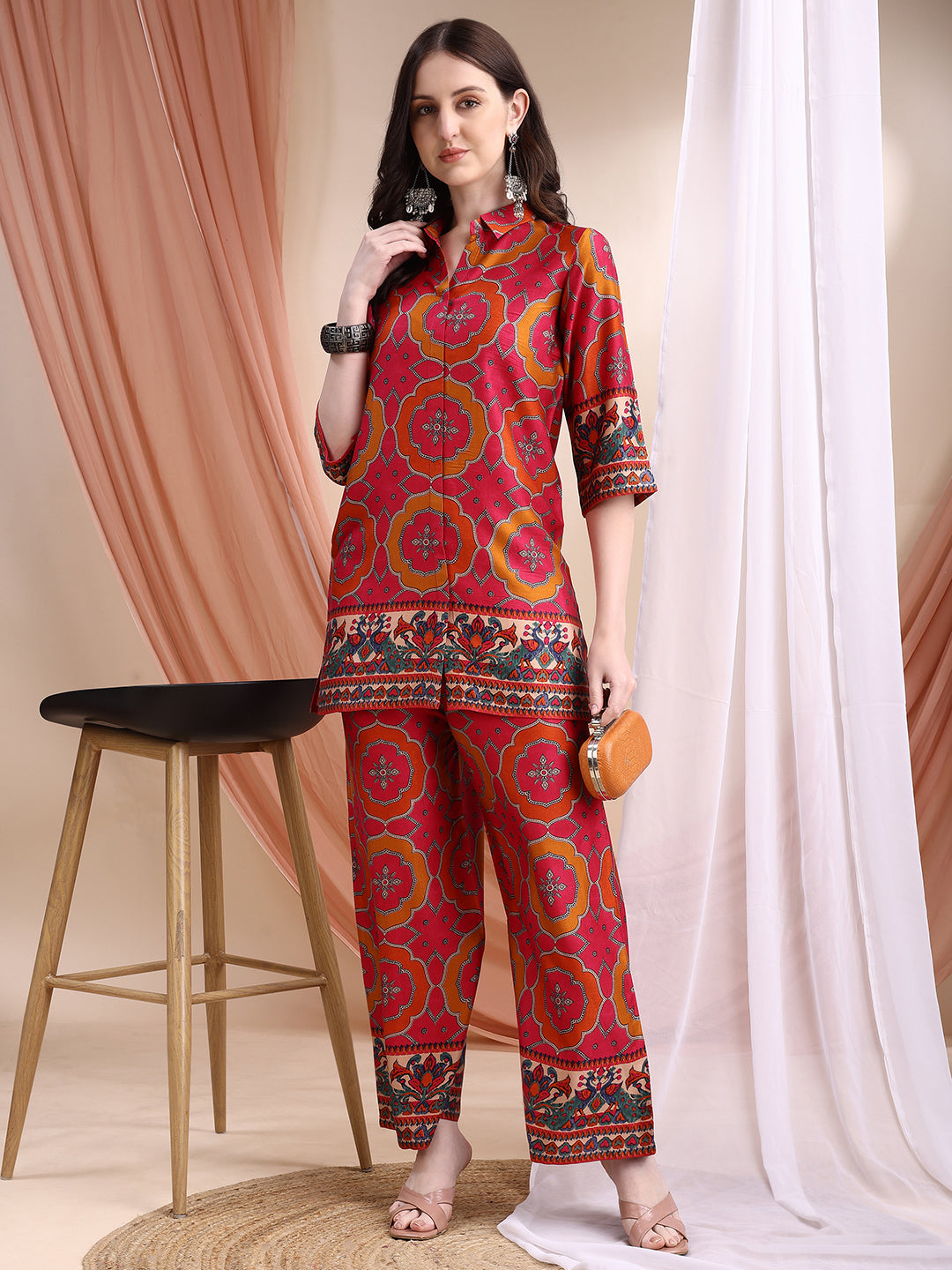 Vibrant Ethnic Co-Ord Set, Pink - Hiral Fashion | Grocsy