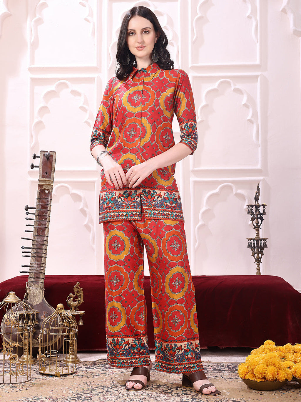 Vibrant Ethnic Co-Ord Set, Red - Hiral Fashion | Grocsy