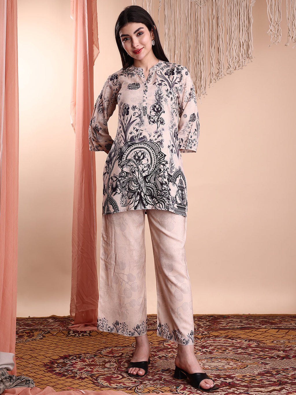 Floral & Paisley Printed Co-Ords, Beige - Hiral Fashion | Grocsy