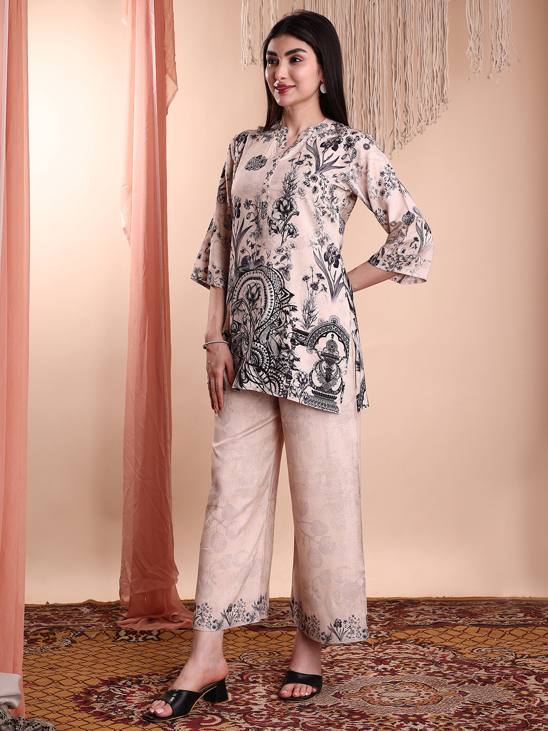 Floral & Paisley Printed Co-Ords, Beige - Hiral Fashion | Grocsy