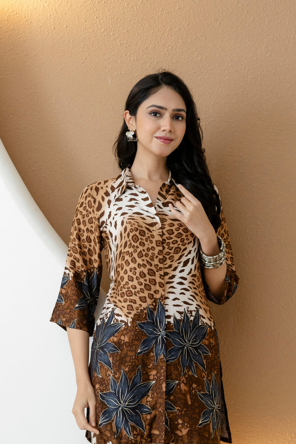 Animal & Floral Motifs Printed Ethnic Co-Ord Set, Brown - Hiral Fashion | Grocsy