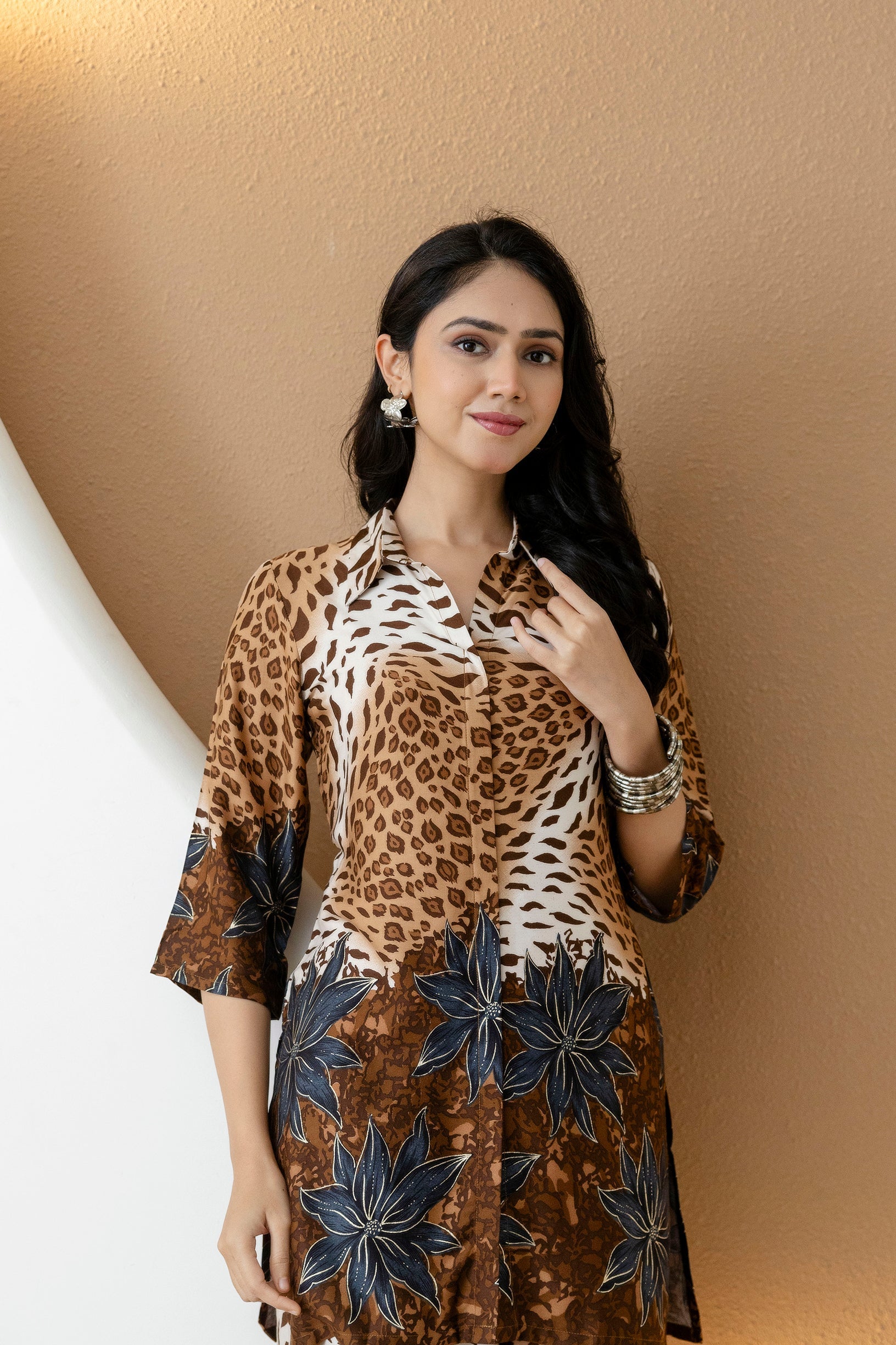 Animal & Floral Motifs Printed Ethnic Co-Ord Set, Brown - Hiral Fashion | Grocsy