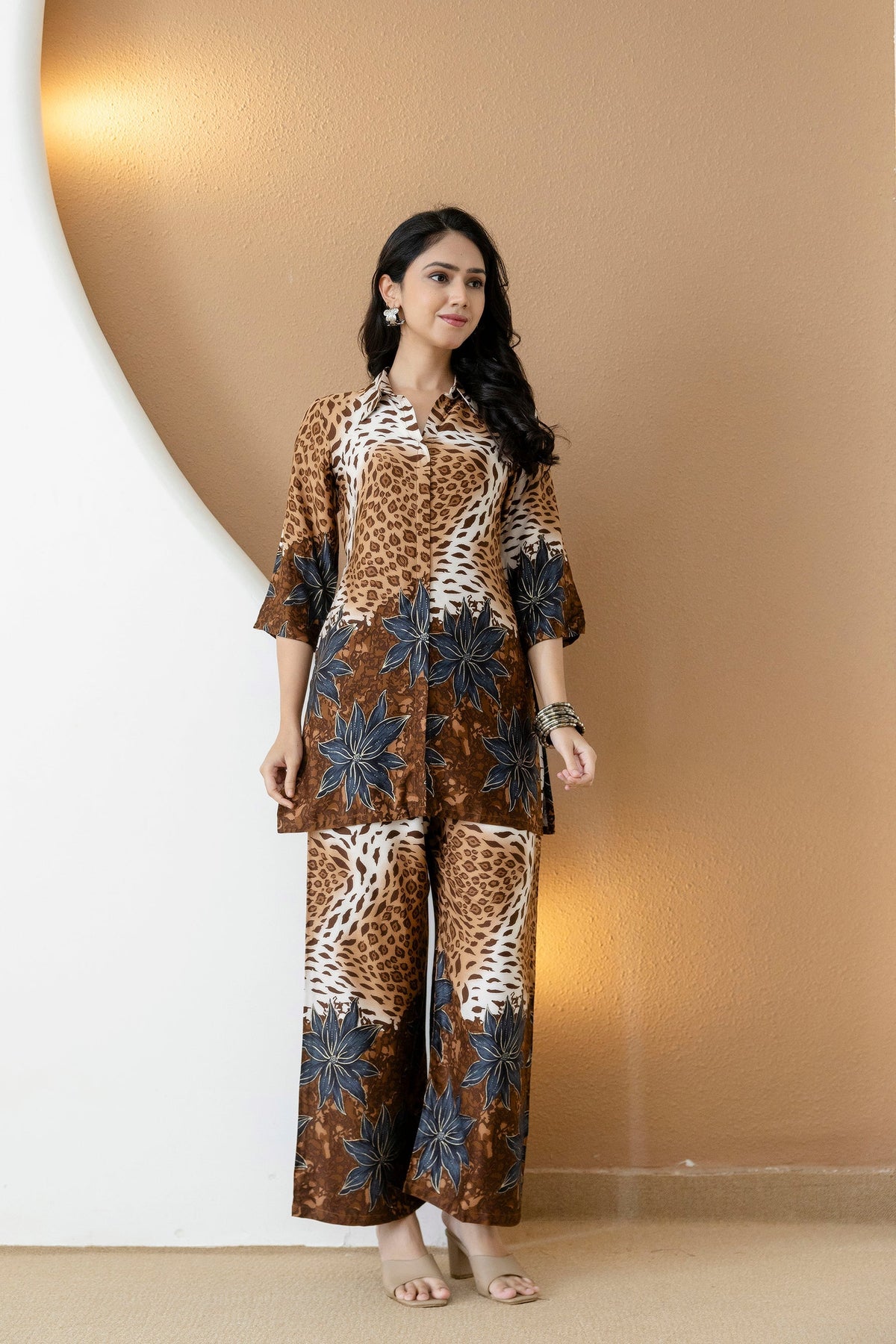 Animal & Floral Motifs Printed Ethnic Co-Ord Set, Brown - Hiral Fashion | Grocsy