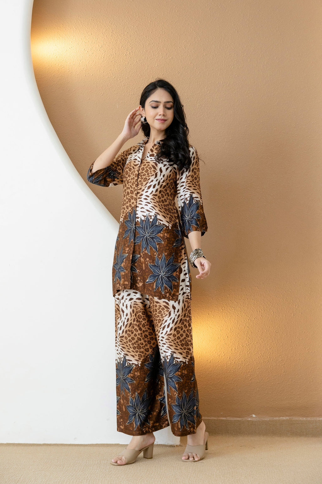 Animal & Floral Motifs Printed Ethnic Co-Ord Set, Brown - Hiral Fashion | Grocsy