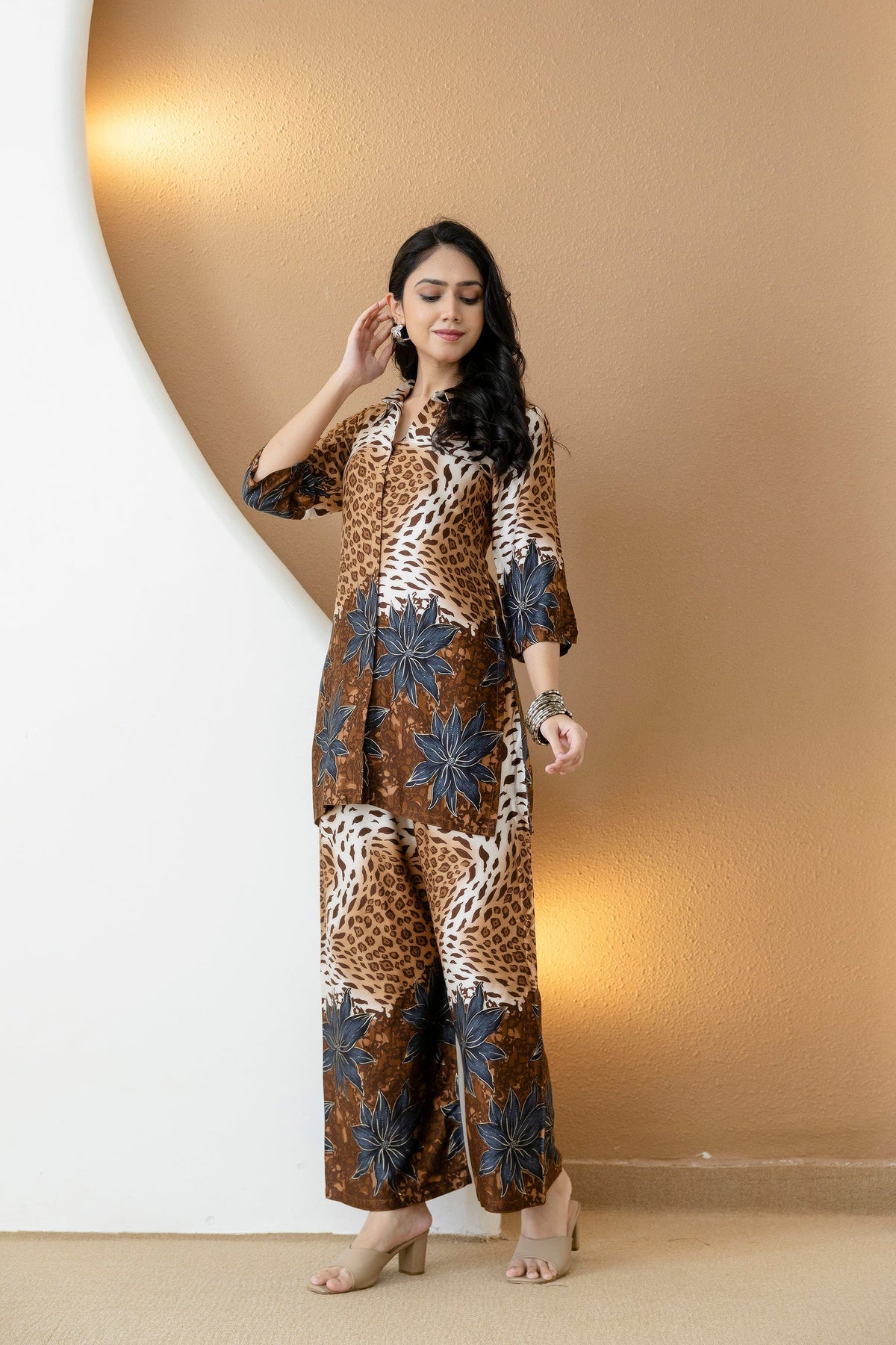 Animal & Floral Motifs Printed Ethnic Co-Ord Set, Brown - Hiral Fashion | Grocsy