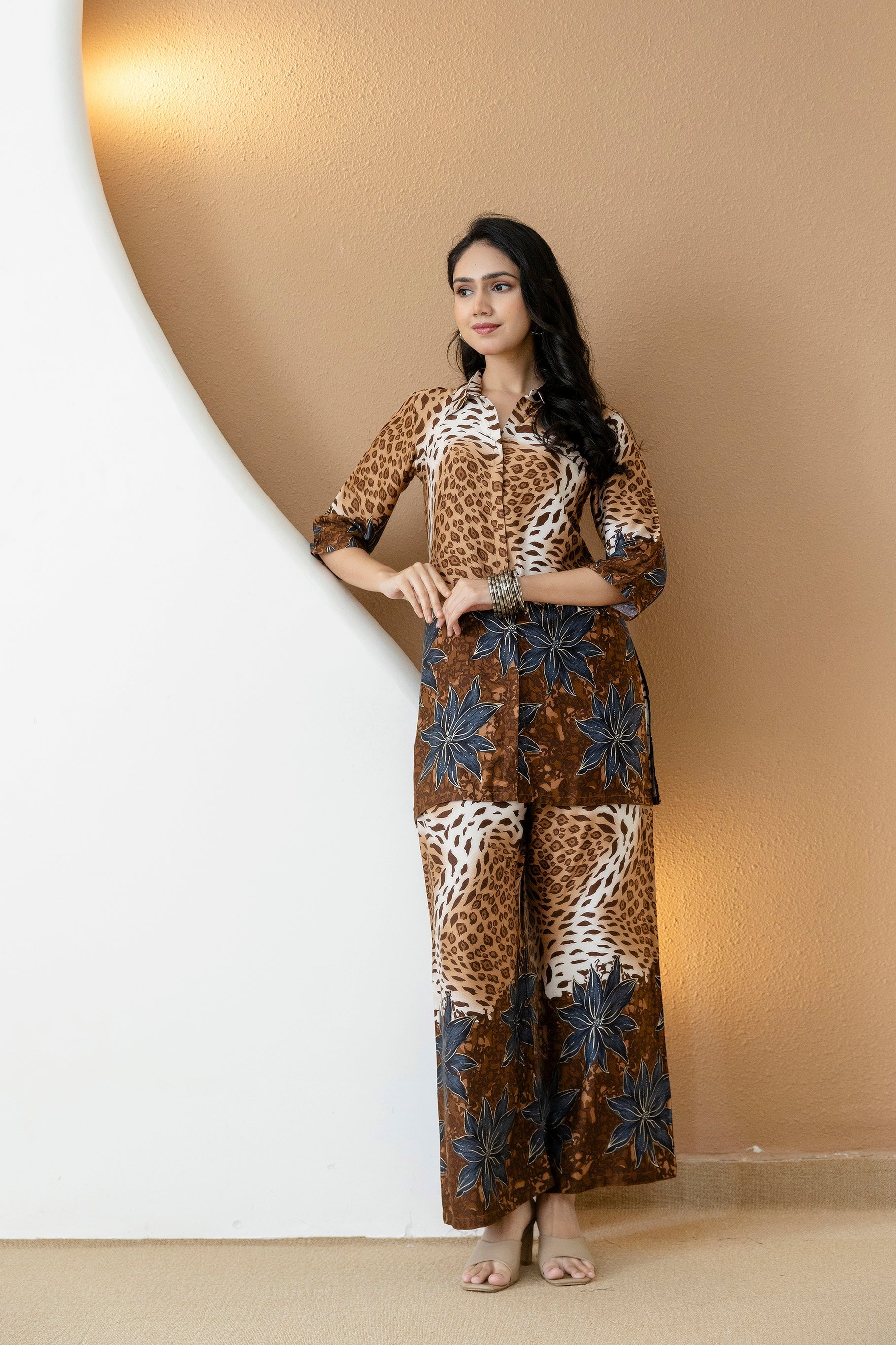 Animal & Floral Motifs Printed Ethnic Co-Ord Set, Brown - Hiral Fashion | Grocsy