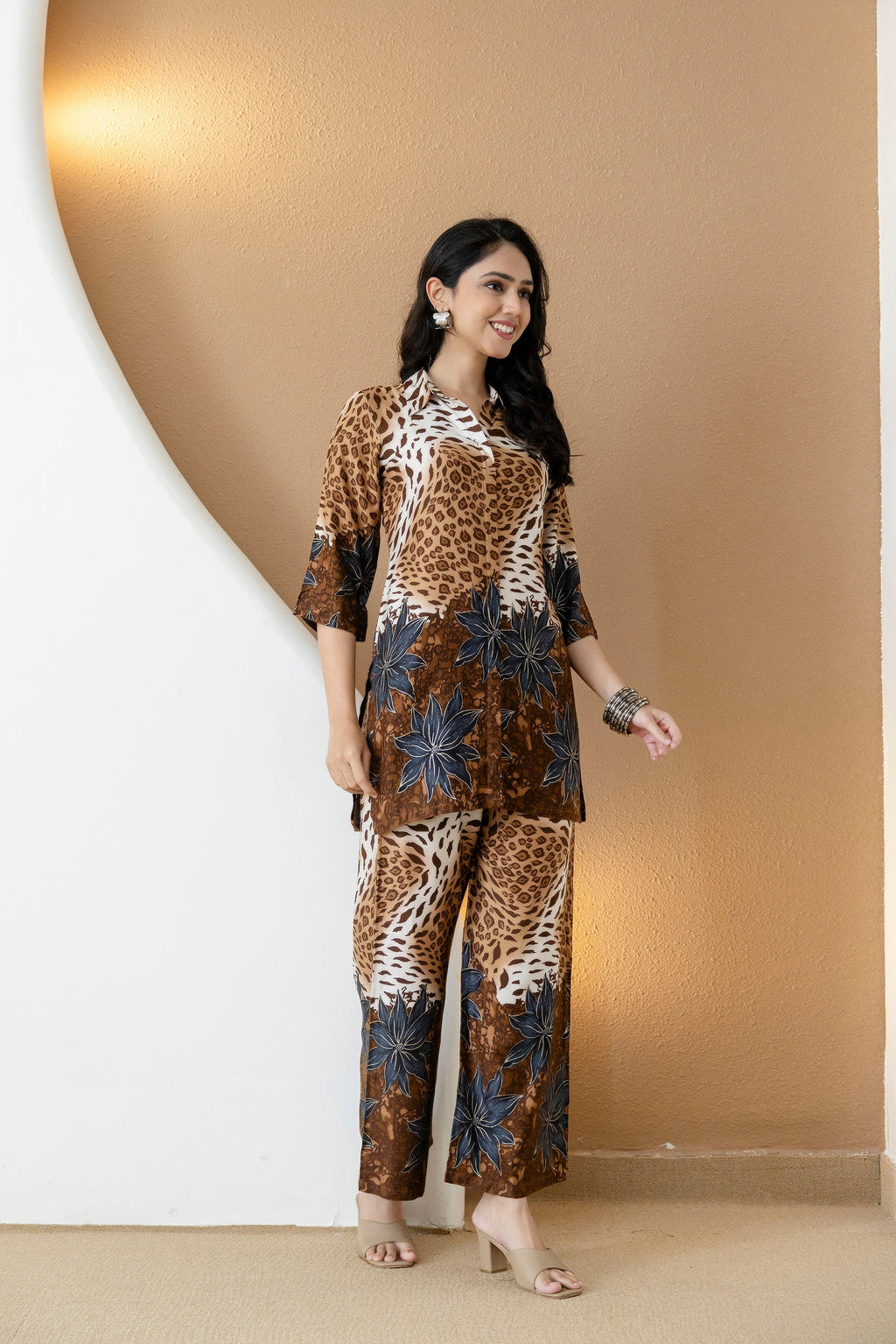 Animal & Floral Motifs Printed Ethnic Co-Ord Set, Brown - Hiral Fashion | Grocsy