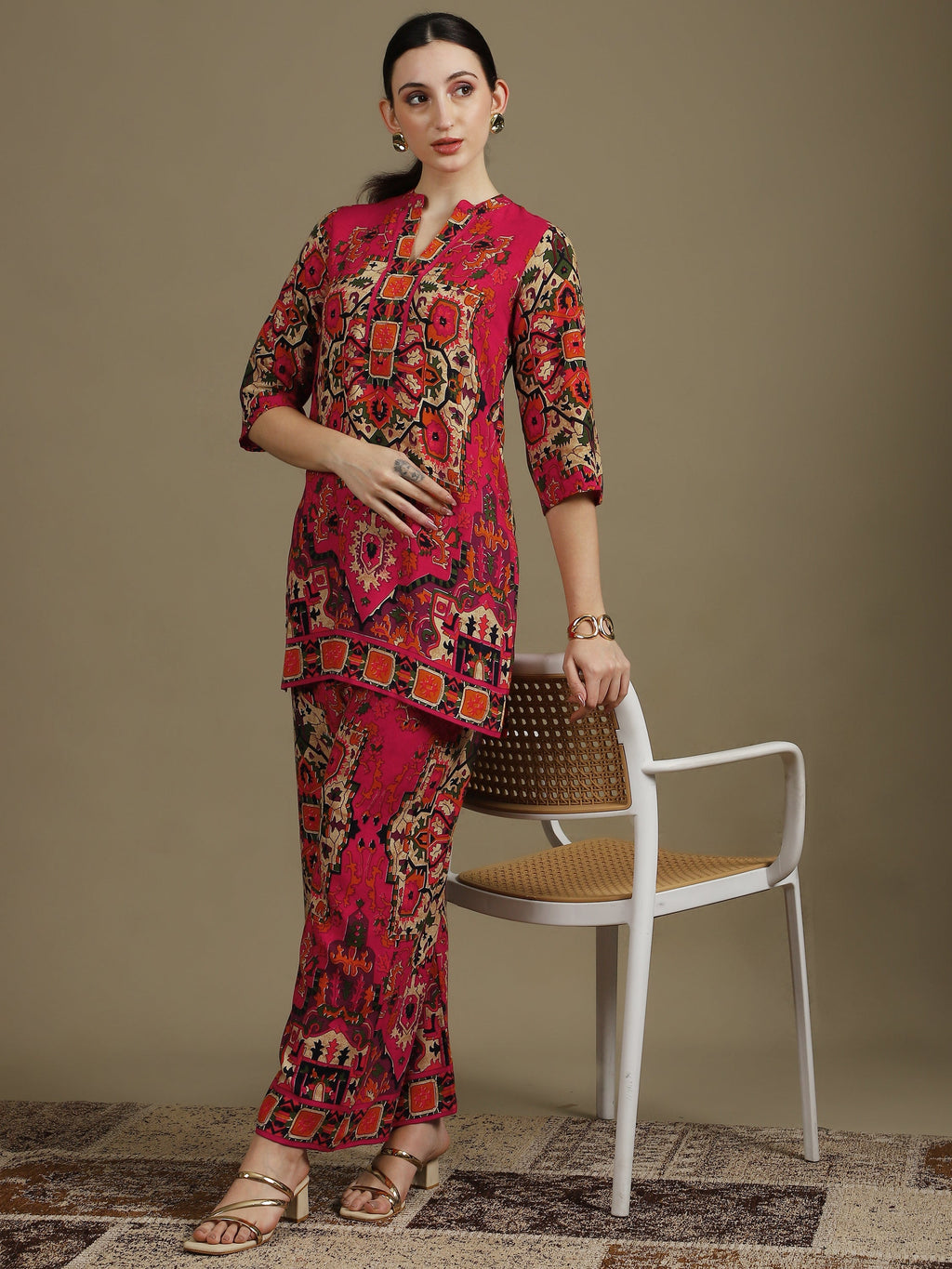 Ethnic Printed Co-Ord Set, Pink - Hiral Fashion | Grocsy