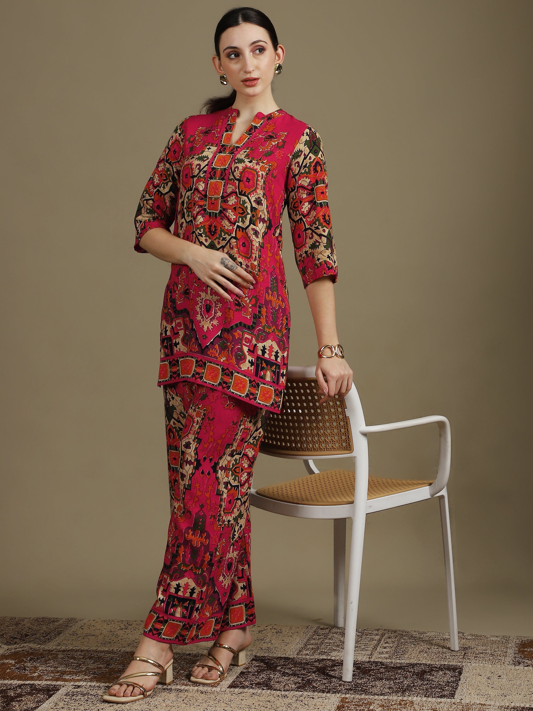 Ethnic Printed Co-Ord Set, Pink - Hiral Fashion | Grocsy
