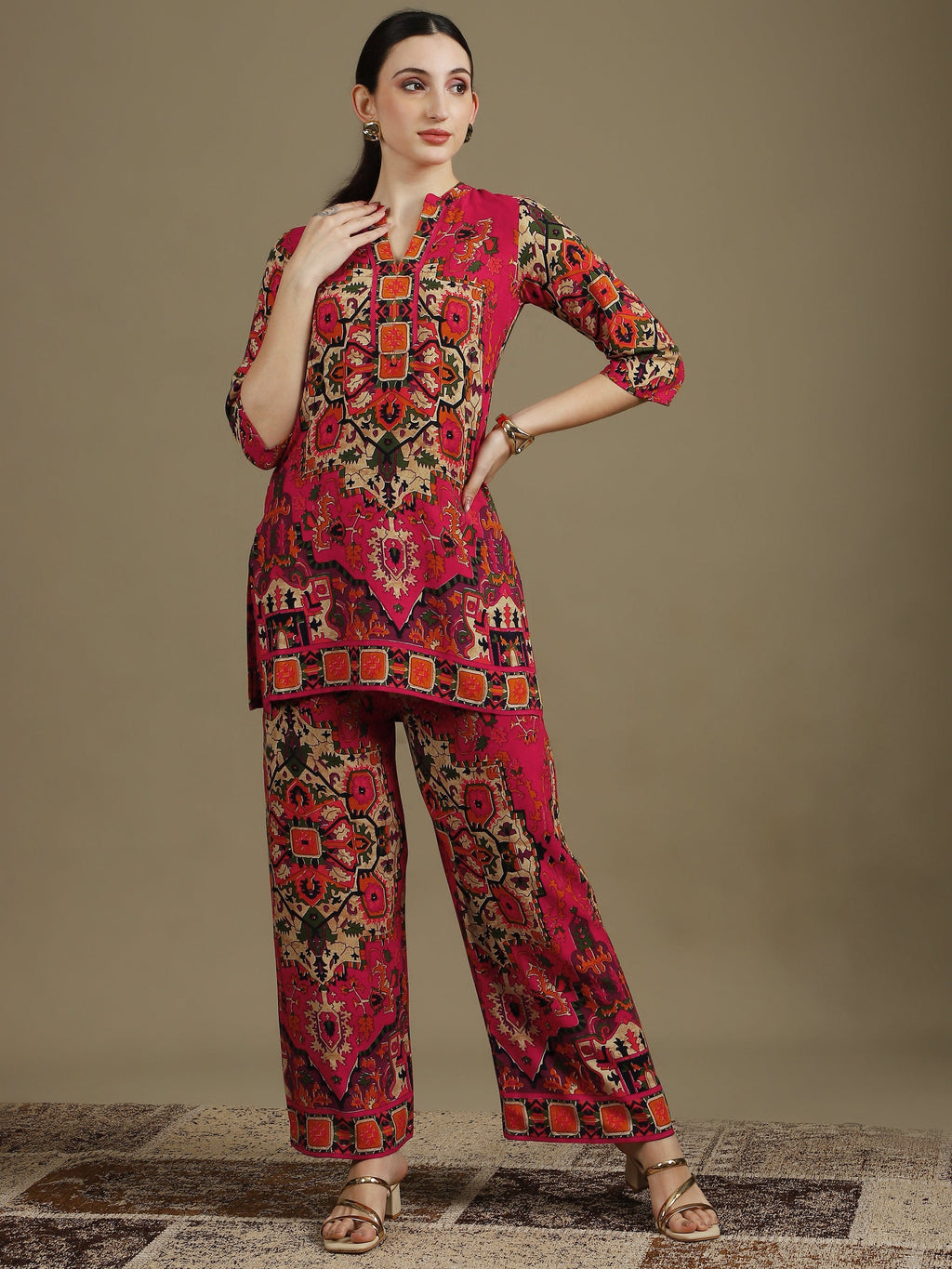 Ethnic Printed Co-Ord Set, Pink - Hiral Fashion | Grocsy