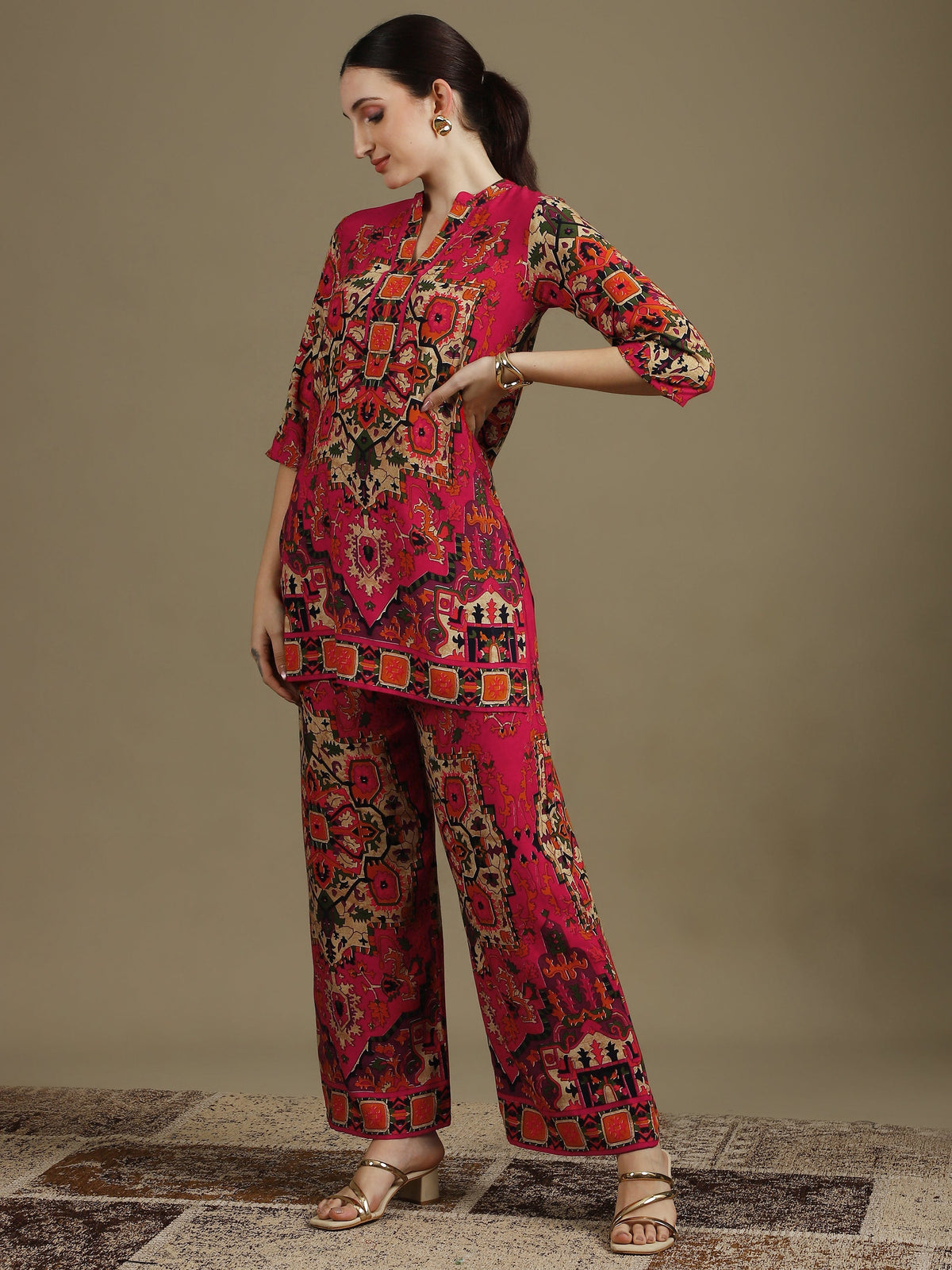 Ethnic Printed Co-Ord Set, Pink - Hiral Fashion | Grocsy