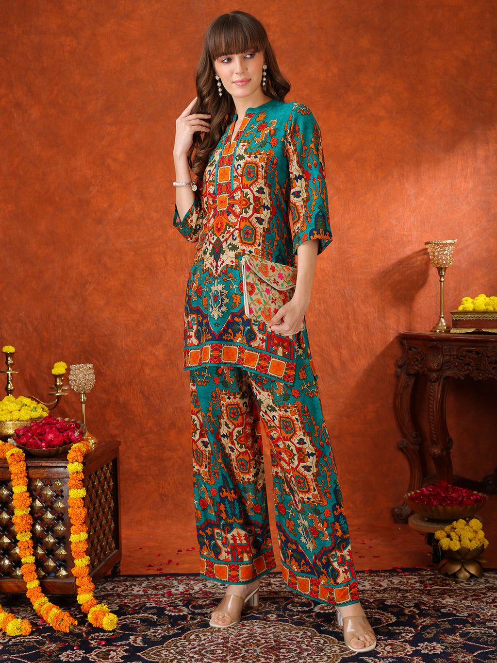Ethnic Printed Co-Ord Set, Teal - Hiral Fashion | Grocsy