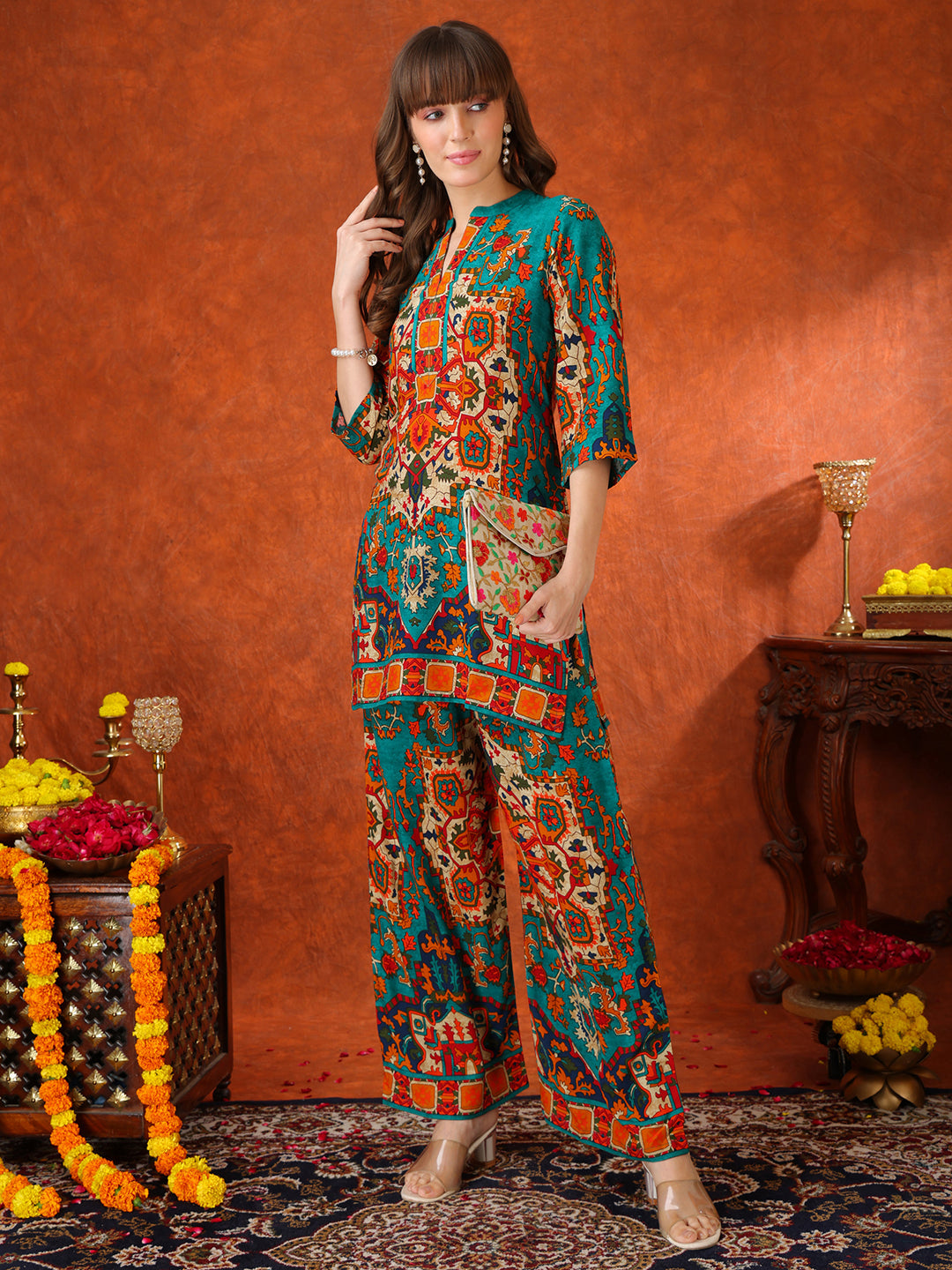 Ethnic Printed Co-Ord Set, Teal - Hiral Fashion | Grocsy
