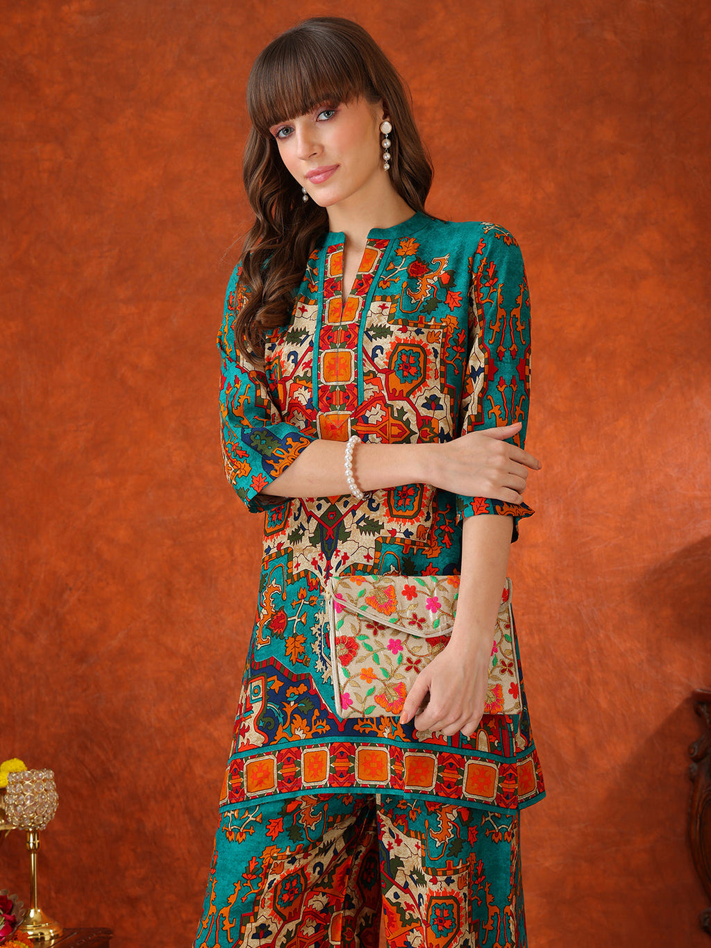 Ethnic Printed Co-Ord Set, Teal - Hiral Fashion | Grocsy