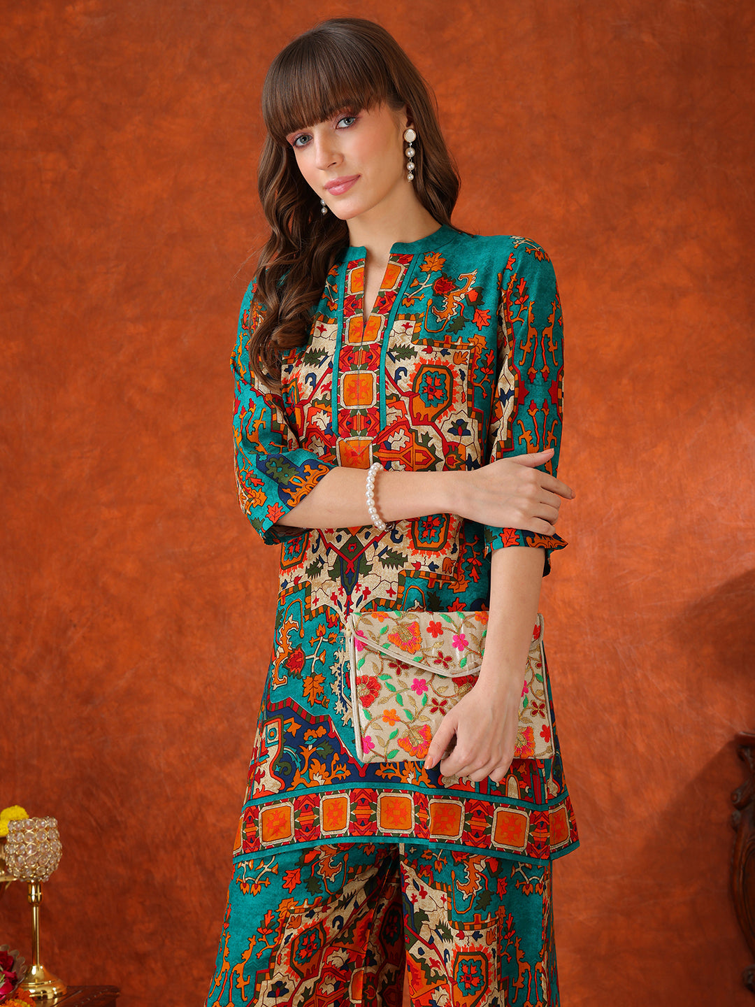 Ethnic Printed Co-Ord Set, Teal - Hiral Fashion | Grocsy