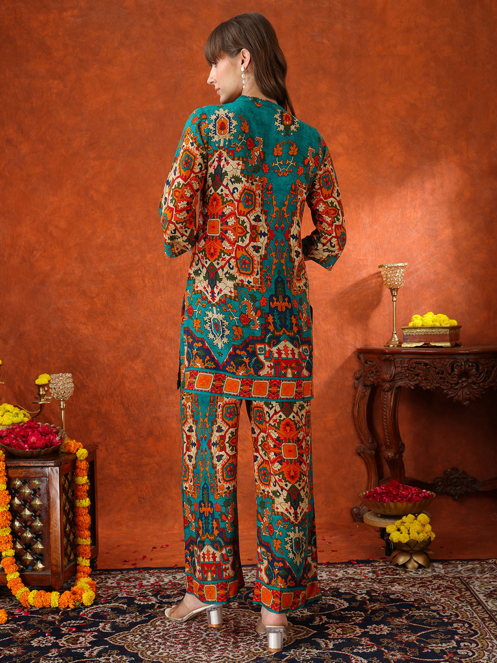 Ethnic Printed Co-Ord Set, Teal - Hiral Fashion | Grocsy