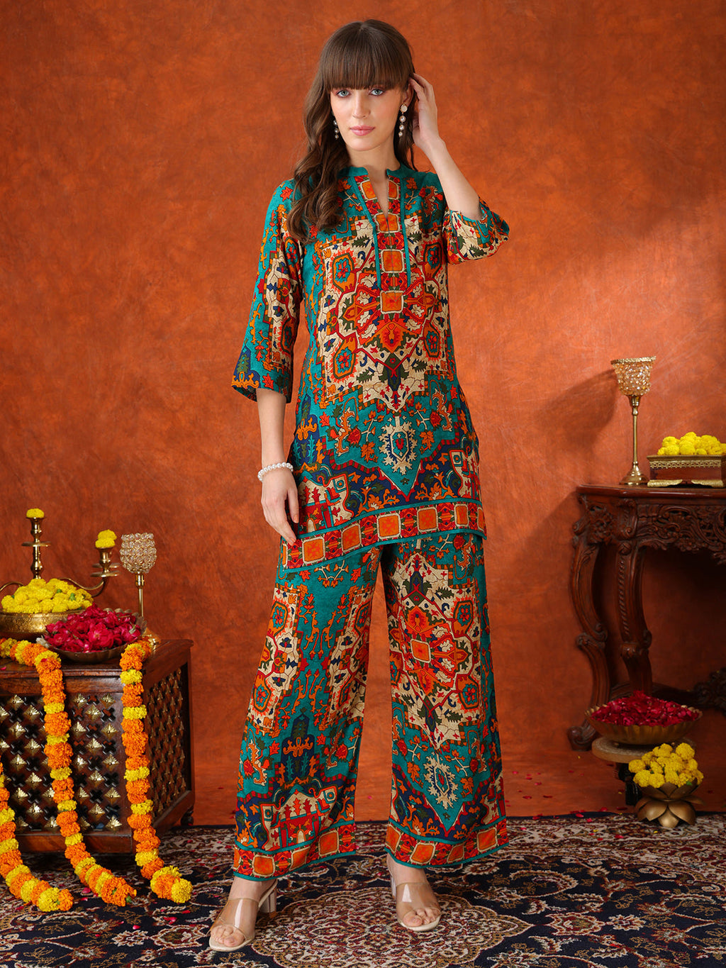 Ethnic Printed Co-Ord Set, Teal - Hiral Fashion | Grocsy