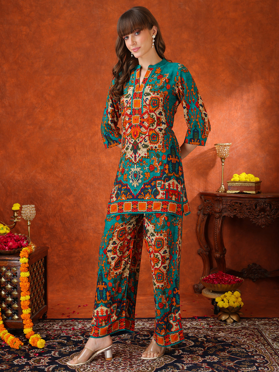 Ethnic Printed Co-Ord Set, Teal - Hiral Fashion | Grocsy