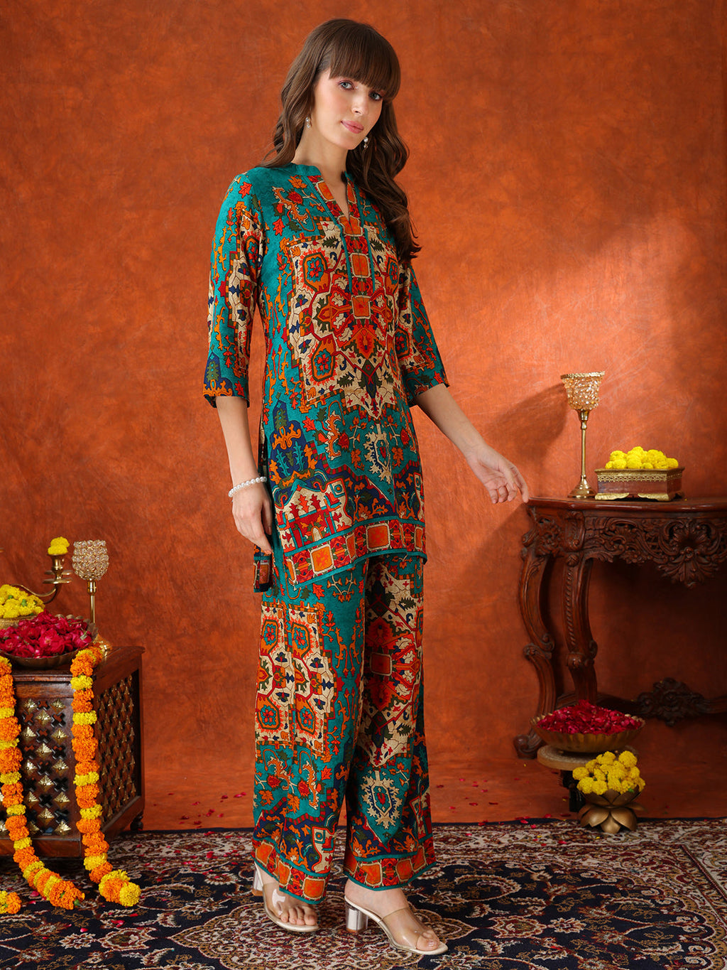 Ethnic Printed Co-Ord Set, Teal - Hiral Fashion | Grocsy