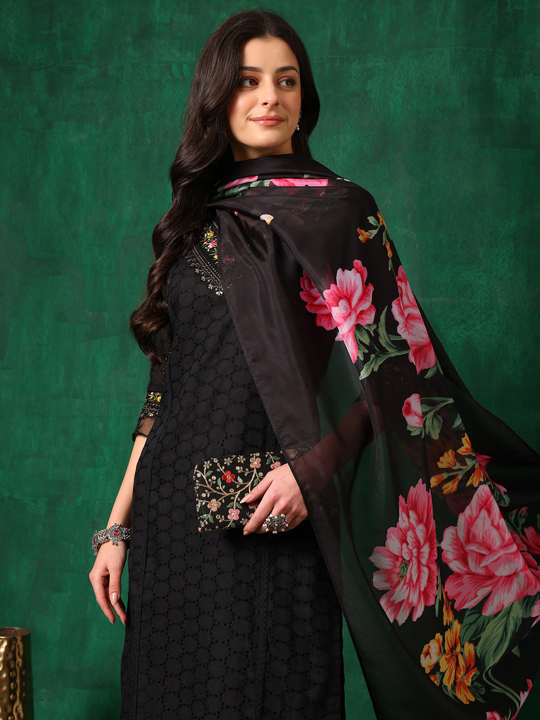 Embroidered Chikankari Kurta With Pant & Printed Dupatta, Black - Hiral Fashion | Grocsy
