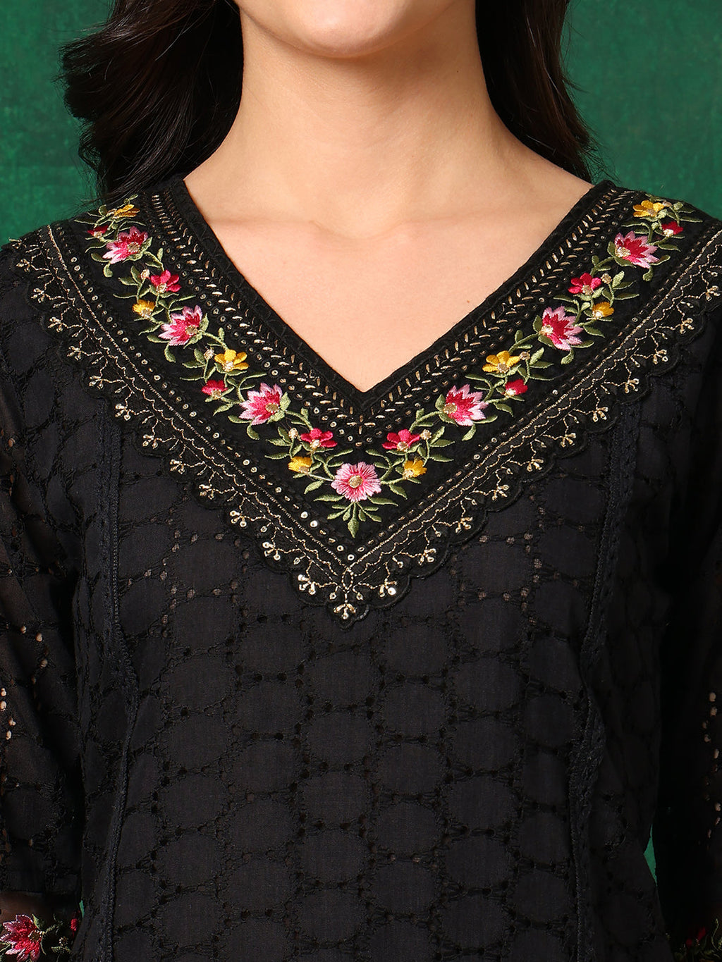 Embroidered Chikankari Kurta With Pant & Printed Dupatta, Black - Hiral Fashion | Grocsy