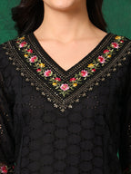 Embroidered Chikankari Kurta With Pant & Printed Dupatta, Black - Hiral Fashion | Grocsy