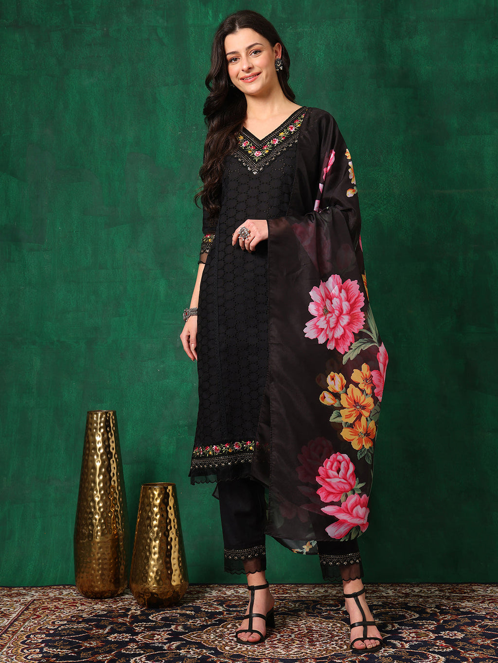 Embroidered Chikankari Kurta With Pant & Printed Dupatta, Black - Hiral Fashion | Grocsy