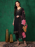 Embroidered Chikankari Kurta With Pant & Printed Dupatta, Black - Hiral Fashion | Grocsy