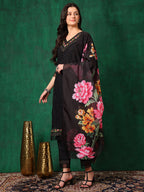 Embroidered Chikankari Kurta With Pant & Printed Dupatta, Black - Hiral Fashion | Grocsy