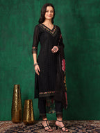 Embroidered Chikankari Kurta With Pant & Printed Dupatta, Black - Hiral Fashion | Grocsy