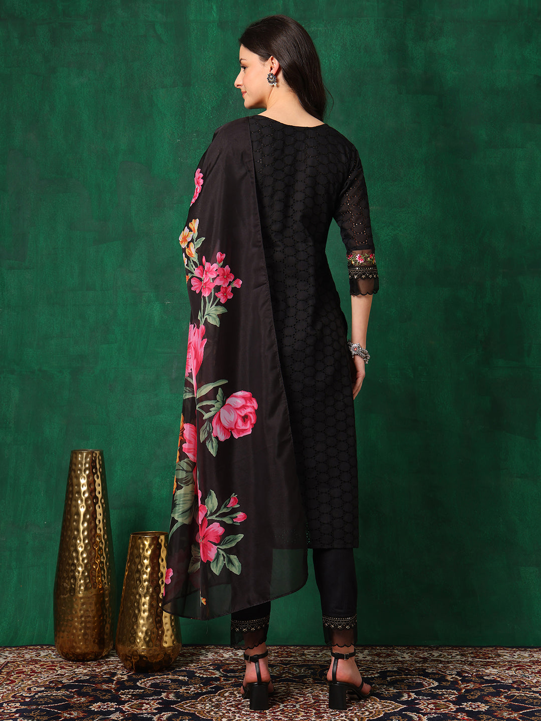 Embroidered Chikankari Kurta With Pant & Printed Dupatta, Black - Hiral Fashion | Grocsy