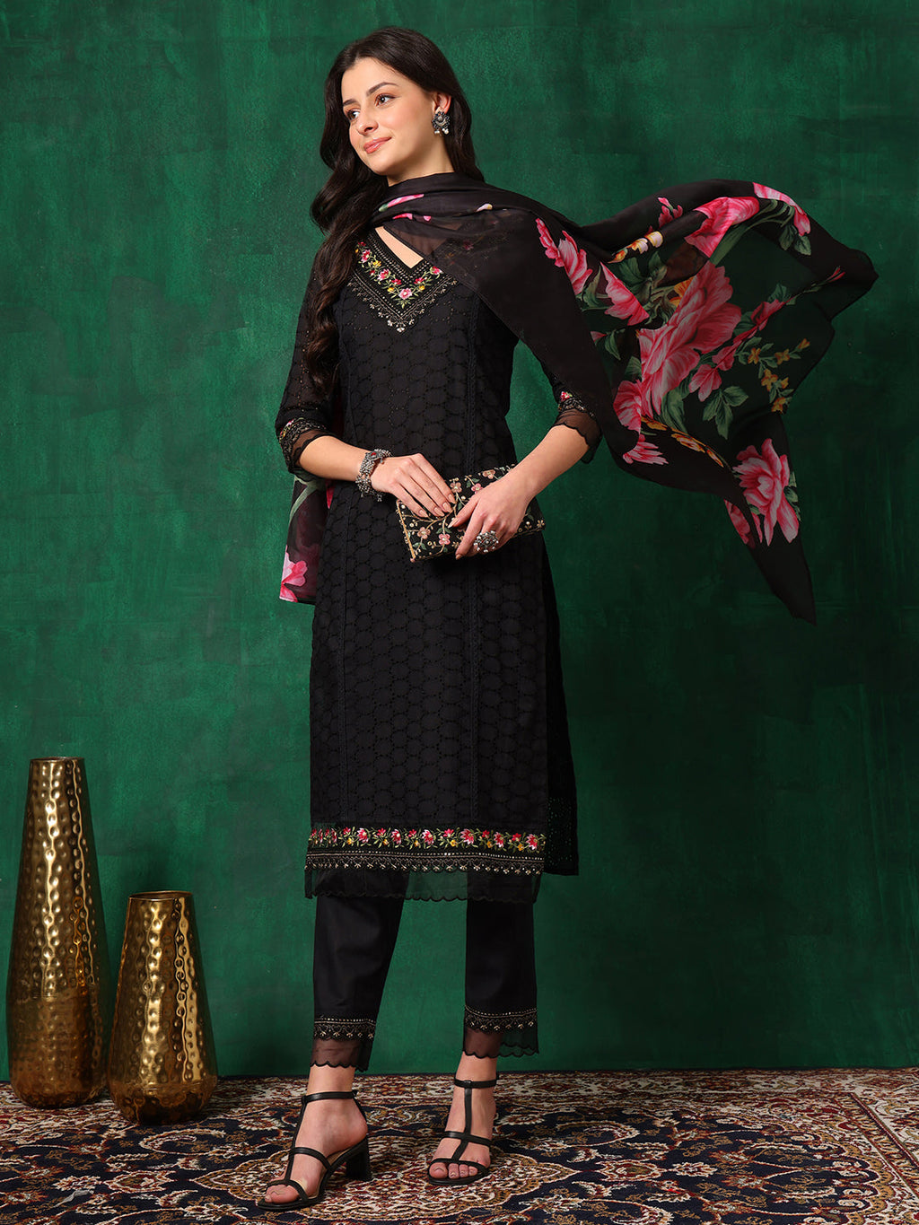 Embroidered Chikankari Kurta With Pant & Printed Dupatta, Black - Hiral Fashion | Grocsy
