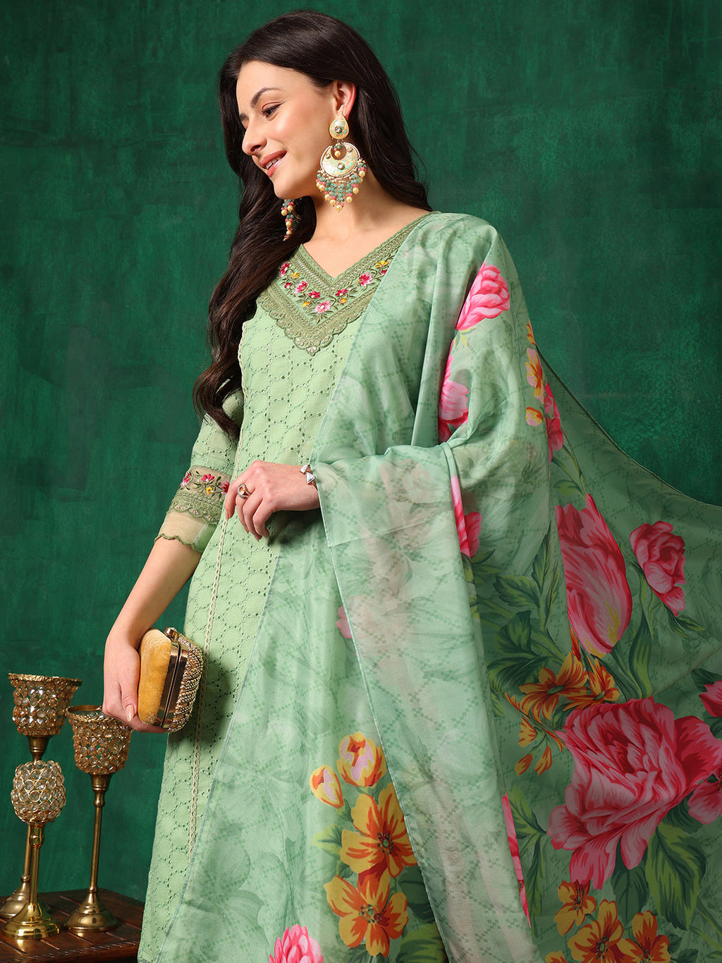 Embroidered Chikankari Kurta With Pant & Printed Dupatta, Green - Hiral Fashion | Grocsy