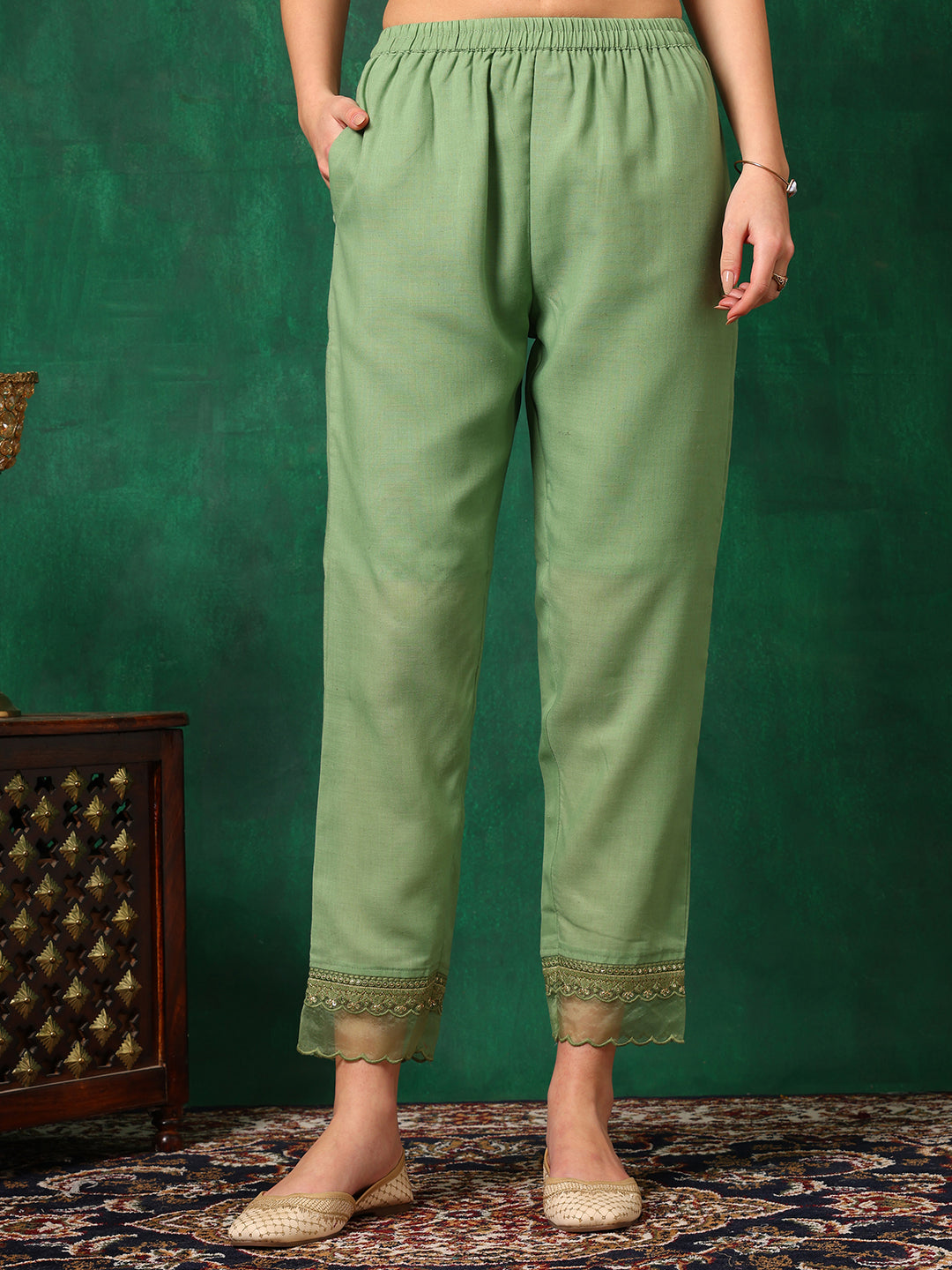 Embroidered Chikankari Kurta With Pant & Printed Dupatta, Green - Hiral Fashion | Grocsy
