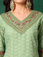 Embroidered Chikankari Kurta With Pant & Printed Dupatta, Green - Hiral Fashion | Grocsy