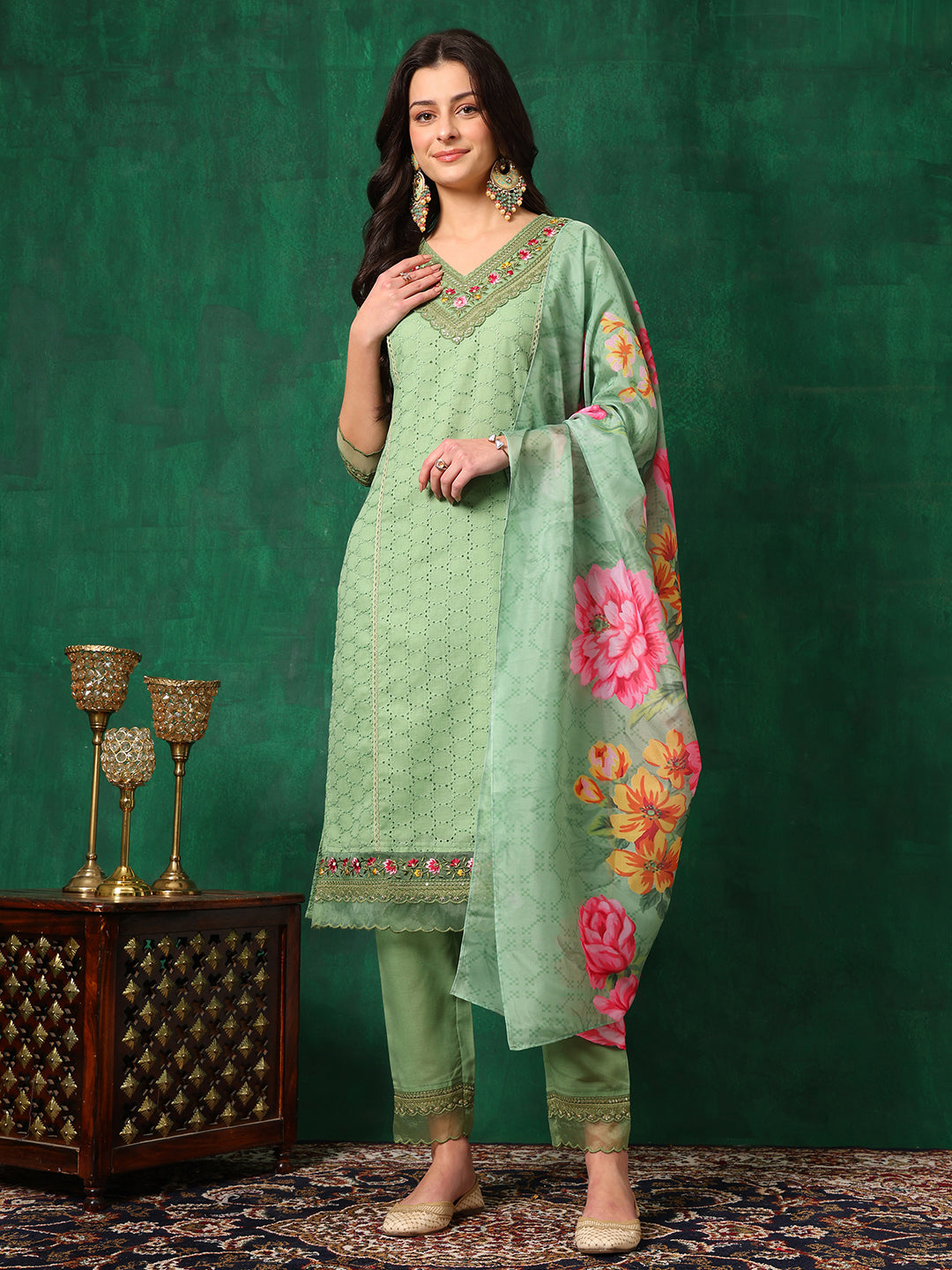 Embroidered Chikankari Kurta With Pant & Printed Dupatta, Green - Hiral Fashion | Grocsy