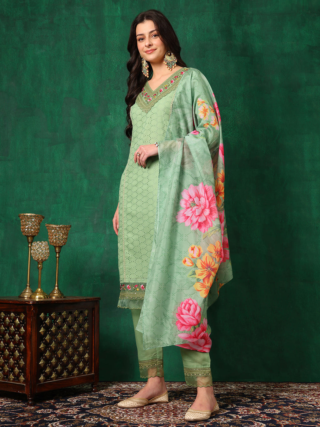 Embroidered Chikankari Kurta With Pant & Printed Dupatta, Green - Hiral Fashion | Grocsy