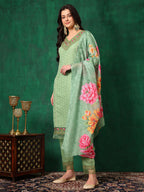 Embroidered Chikankari Kurta With Pant & Printed Dupatta, Green - Hiral Fashion | Grocsy